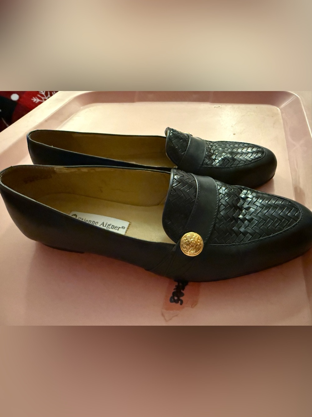 Etienne Aigner Black Woven Leather Loafers with Gold Buttons - Picture 5 of 8